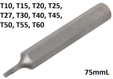 Bitl&auml;nge 75mmL (3/8) Au&szlig;ensechskant T-Profil (fur Torx) T10 - T60