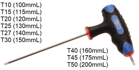 Schraubendreher mit T-Griff und seitlicher Klinge T-Profil (fur Torx) T10 - T50