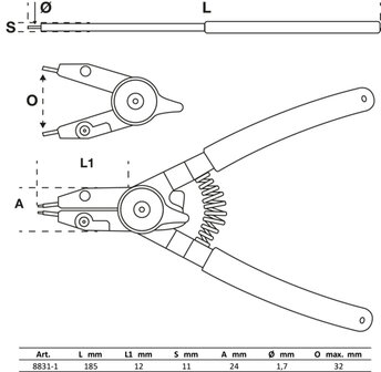 Sprengringzange fur Au&szlig;en-/Innensprengringe auswechselbare Spitzen 180 mm