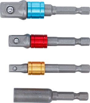 Adapter-Satz fur Bohrmaschinen farbig Antrieb Au&szlig;ensechskant (1/4) Abtrieb Au&szlig;envierkant (1/4), (3/8), (1/2), Innensechskant (1/4) 4-tlg