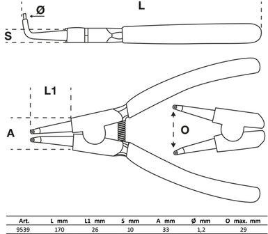 Sicherungsringzange 90 &deg; f&uuml;r Au&szlig;enringe 165 mm