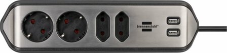 Ecksteckdosenleiste mit USB-Ladefunktion 4-fach 2x Schutzkontakt &amp; 2x Euro silber schwarz