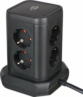 Steckdosenturm 8-fach mit 2x USB A, 1x USB C Power Delivery schwarz 2m H05VV-F3G1.5