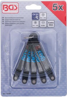 Spezial-Bitschraubendreher ultra flach Schlitz SL Kreuzschlitz PH und PZ T-Profil (fur Torx) 5-tlg
