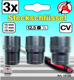 Steckschl&uuml;sseleinsatz-Satz Antrieb 12,5 mm (1/2) SW 15 - 17 - 19 mm 3-tlg