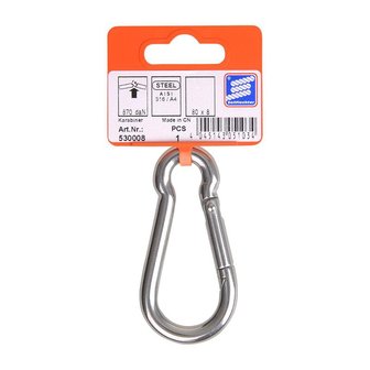 Karabiner 8x80mm, A4 RVS AISI 316, 870 daN