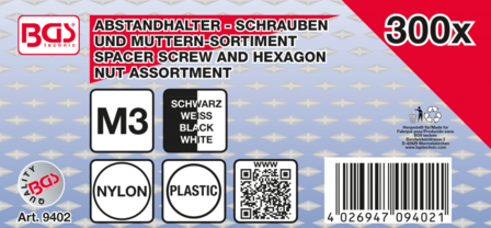 Abstandhalter-Schrauben und Sechskant-Muttern-Sortiment Nylon 300-tlg.
