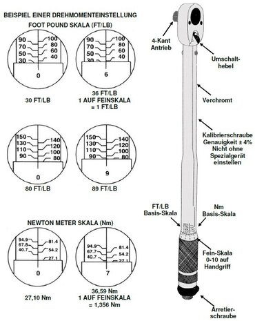Drehmomentschlussel Abtrieb Außenvierkant 6,3 mm (1/4) 2 - 24 Nm