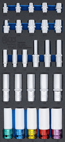Steckschlussel-Einsatze Sechskant, tief 11 - 22 mm E-Profil E10 - E22 6,3 mm (1/4), 10 mm (3/8), 12,5 mm (1/2) 26-tlg