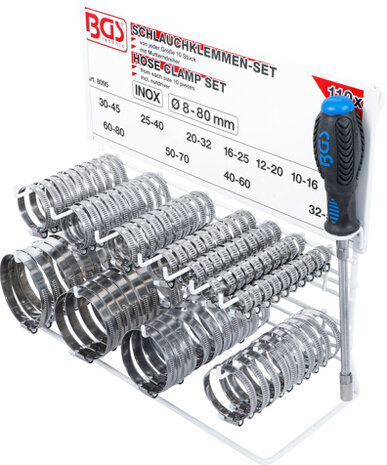 Schlauchklemmen-Sortiment rostfrei auf Tafel 111-tlg