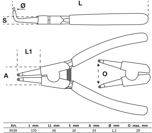 Sicherungsringzange 90 ° für Außenringe 165 mm