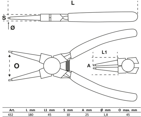 Sprengringzange gerade für Innensprengringe 180 mm