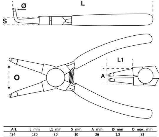 Sprengringzange gebogen für Innensprengringe 180 mm