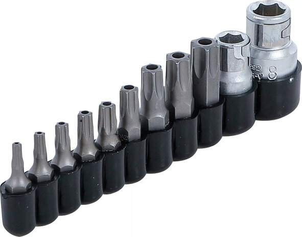 Bit-Satz | Antrieb Außensechskant 10 mm (1/4) / 10 mm (3/8) | T-Profil (für Torx) mit Bohrung | 11-tlg.