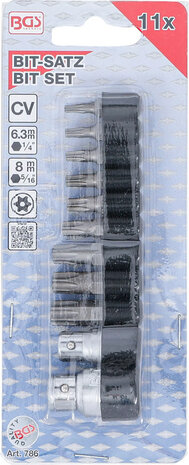 Bit-Satz | Antrieb Außensechskant 10 mm (1/4) / 10 mm (3/8) | T-Profil (für Torx) mit Bohrung | 11-tlg.
