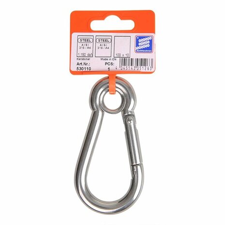 Karabiner 100x10mm  mit geschlossener ose  A4 Edelstahl AISI 316  1.150 daN