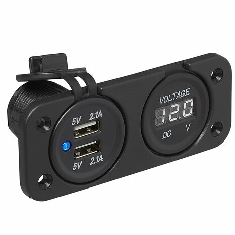 Unterputz-Montagesatz: Voltmeter 6-30V + USB-Anschluss doppelt Typ A 2x2100mA