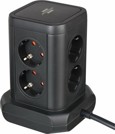 Steckdosenturm 8-fach mit 2x USB A, 1x USB C Power Delivery schwarz 2m H05VV-F3G1.5