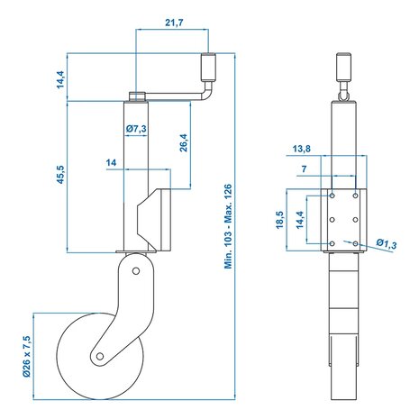 Stutzrad 73 mm Metallfelge mit Gummireifen 260 x 65 mm klappbar