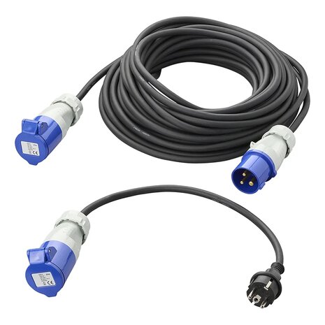 CEE-Set mit 20 m Verlangerungskabel 3x1,5 mm und 40 cm Adapterkabel von Schuko-Stecker auf CEE in Aufbewahrungstasche