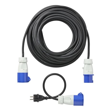 CEE-Set mit 20 m Verlangerungskabel 3x1,5 mm und 40 cm Adapterkabel von Schuko-Stecker auf CEE in Aufbewahrungstasche