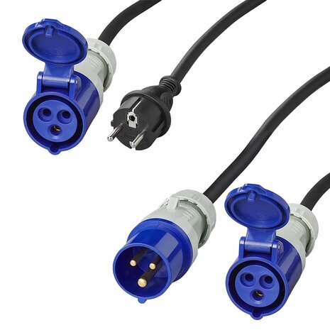 CEE-Set mit 20 m Verlangerungskabel 3x1,5 mm und 40 cm Adapterkabel von Schuko-Stecker auf CEE in Aufbewahrungstasche