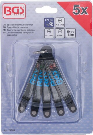 Spezial-Bitschraubendreher ultra flach Schlitz SL Kreuzschlitz PH und PZ T-Profil (fur Torx) 5-tlg