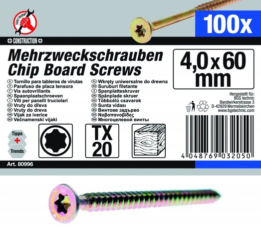 Mehrzweckschrauben T-Profil (fur Torx) T20 4,0 x 60 mm 100 Stuck