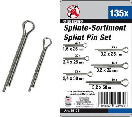 Splinte-Sortiment Ø 1,6 - 3,2 mm 135-tlg