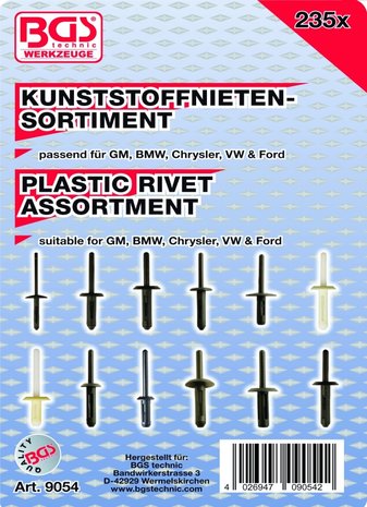 Kunststoffnieten-Sortiment für GM, BMW, Chrysler, VW & Ford, 235-tlg.