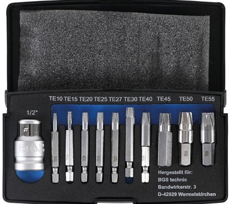 Schraubenausdreher-Satz fur defektes T-Profil (fur Torx) T10 - T55 11-tlg