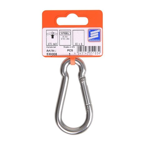 Karabiner 8x80mm, A4 RVS AISI 316, 870 daN