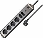 Ecksteckdosenleiste mit USB-Ladefunktion 6-fach 4x Schutzkontakt & 2x Euro silber schwarz