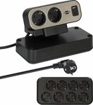 Duplex Tischsteckdosenleiste, 1x USB C, 1x USB A, 10x Schutzkontakt-Steckdosen, silber schwarz