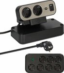 Duplex Tischsteckdosenleiste mit Uberspannungsschutz, 1x USB C, 1x USB A, 9x Schutzkontakt-Steckdosen, silber schwarz