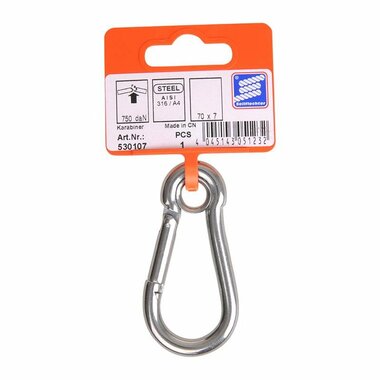 Karabiner 70x7mm  mit geschlossener ose  A4 Edelstahl AISI 316  750 daN